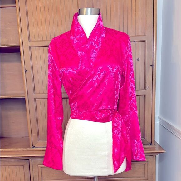 Missguided Tops - Bright Pink Satin Wrap Blouse